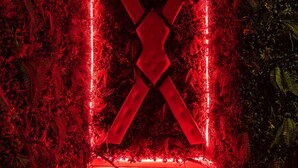 A hallway with a red-lit X-shaped structure and dense foliage on either side.