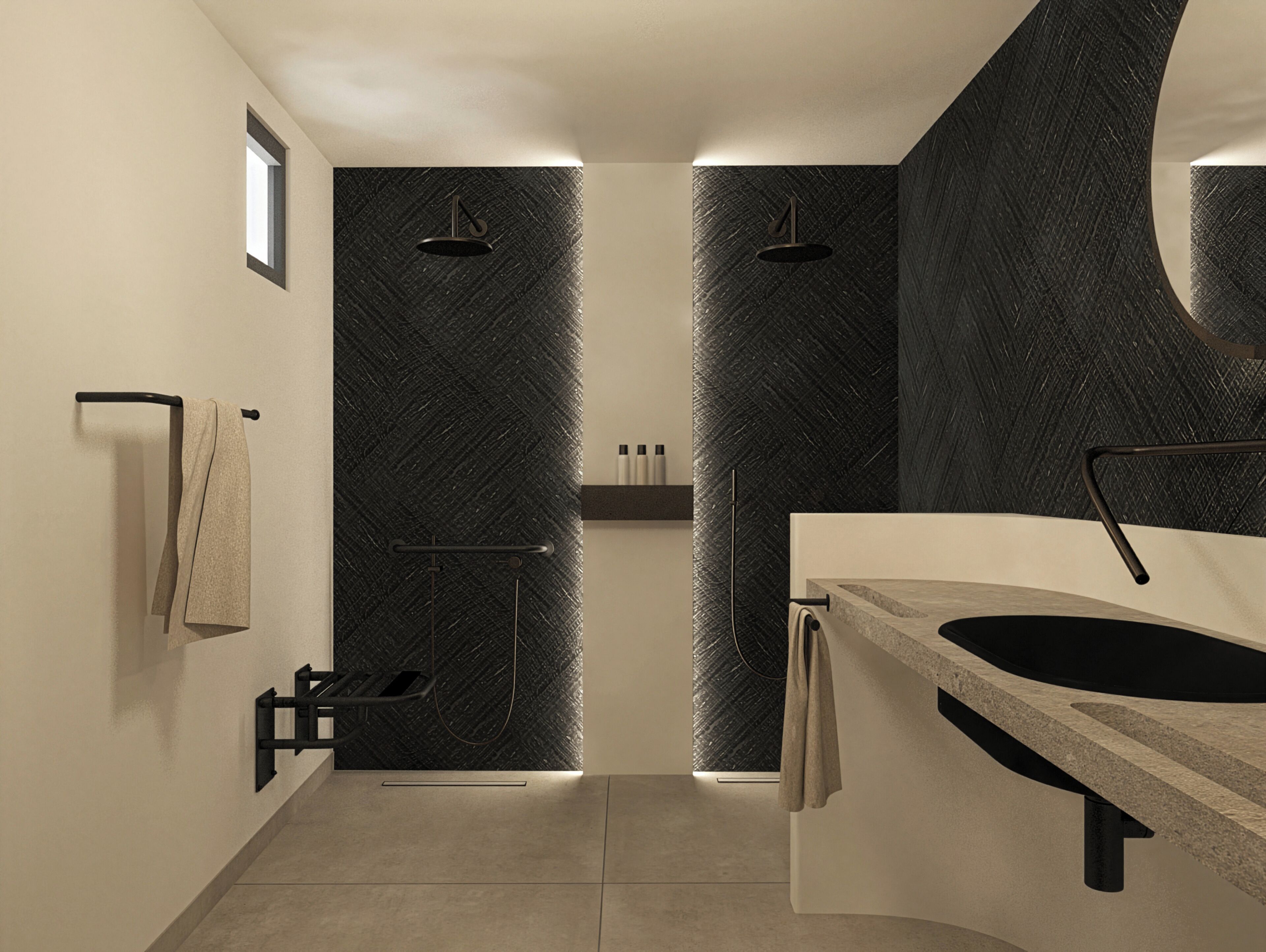 Une salle de bain moderne avec un mur noir à texture, un lavabo et un porte-serviettes.
