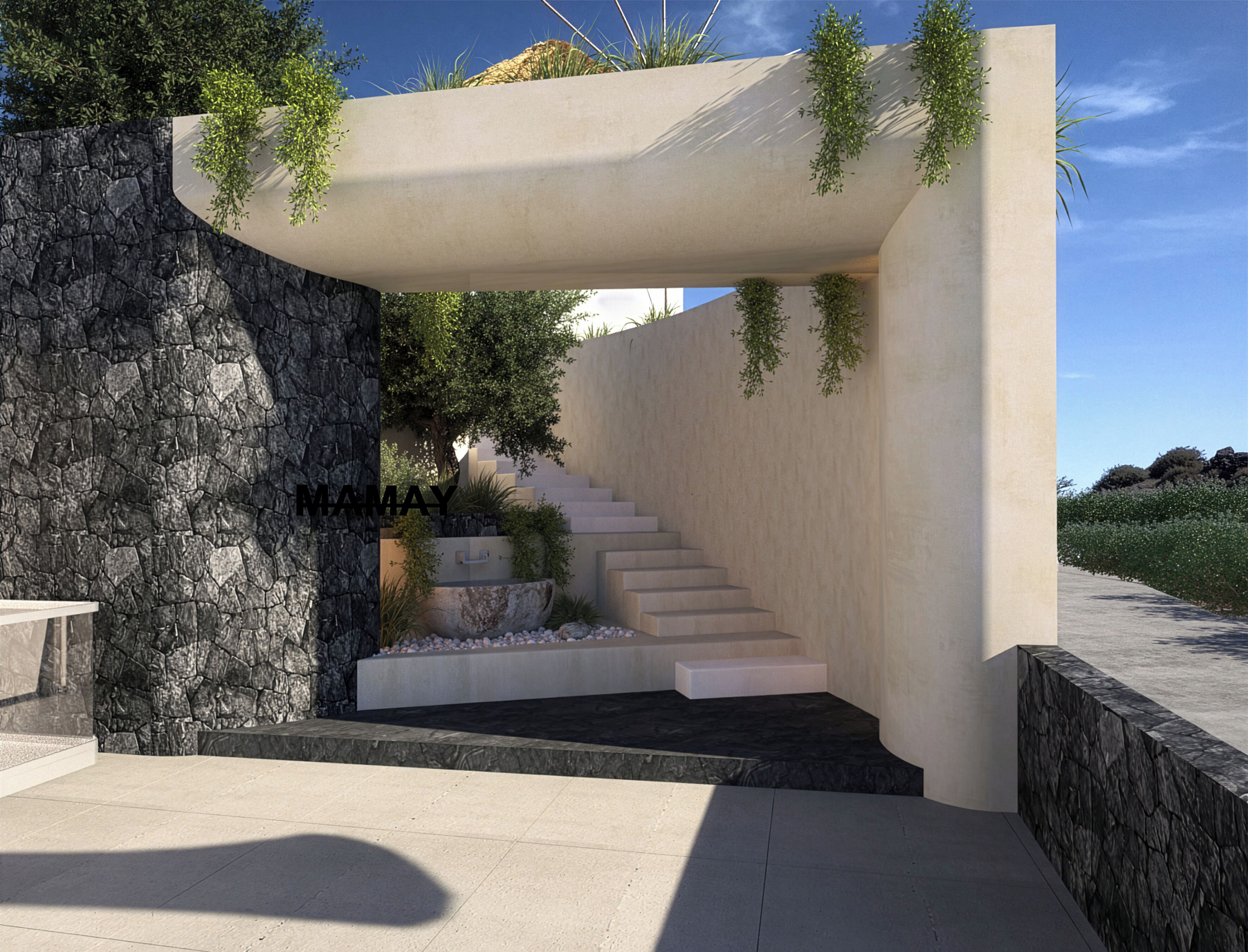 A modern architectural design with a stone wall, a staircase, and greenery.