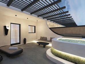 A modern interior with a curved seating area, a small pool, and a pergola structure. - Mamay Hotel (Santorini)