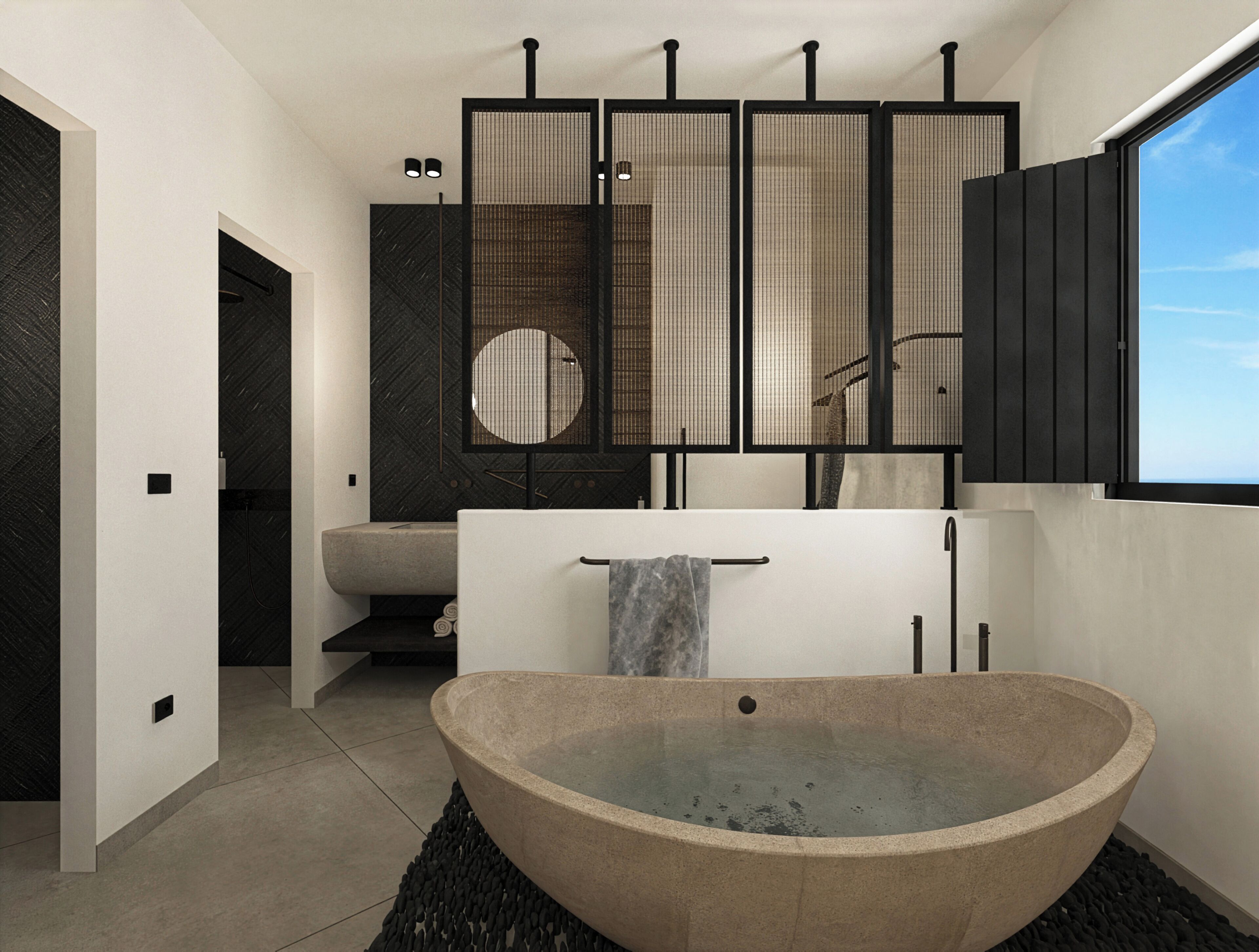 A modern bathroom with a large freestanding bathtub, a separate shower area, and a large window providing natural light.