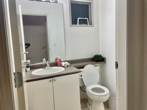 Sèche-cheveux, serviettes fournies, savon, shampoing