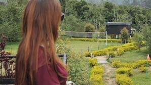 A person overlooking a well-maintained garden with a volleyball net, a small building, and a path.