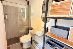 Shower, towels, soap, toilet paper