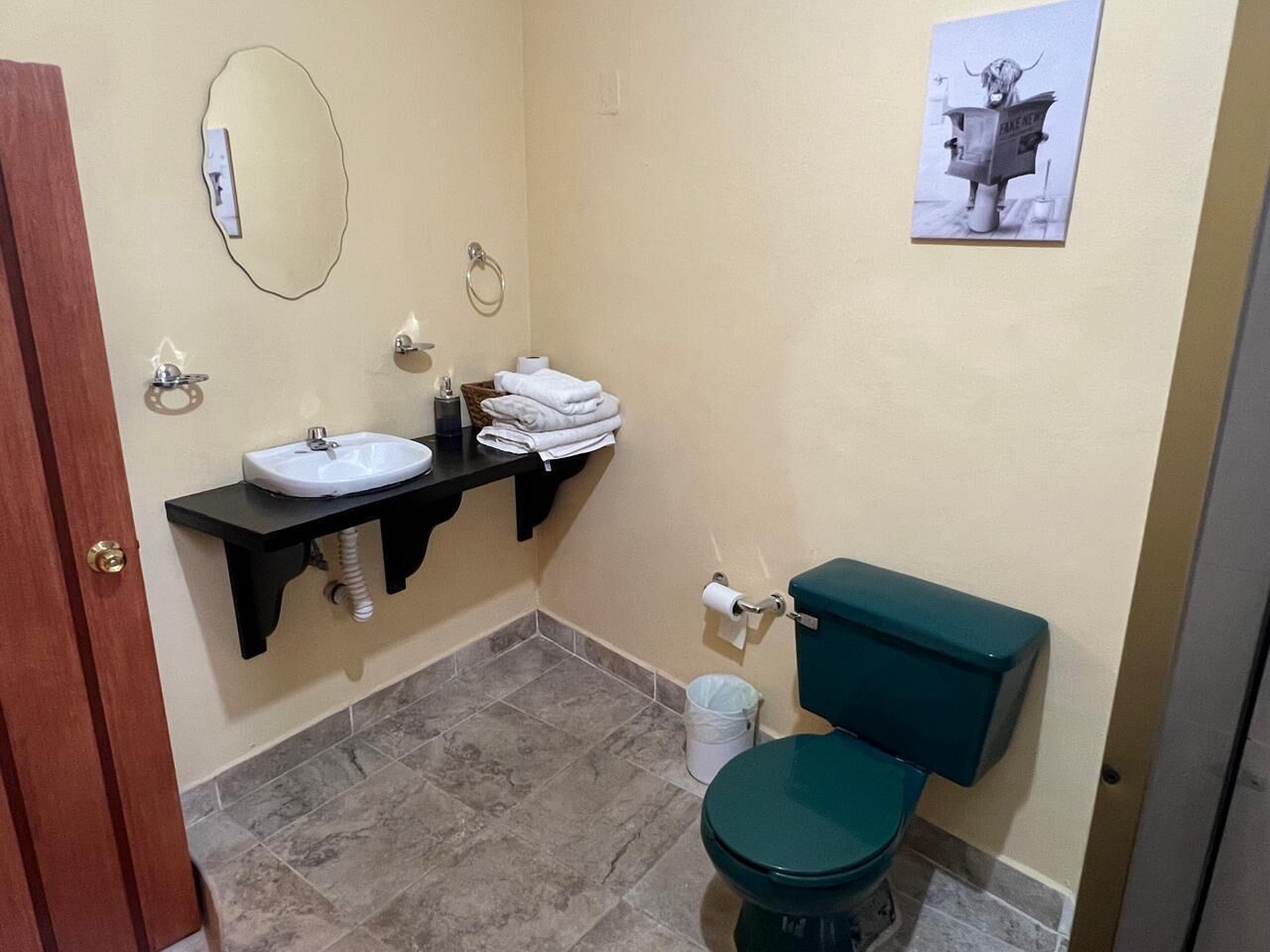 Une salle de bain équipée d’un lavabo, de toilettes et d’un porte-serviettes.