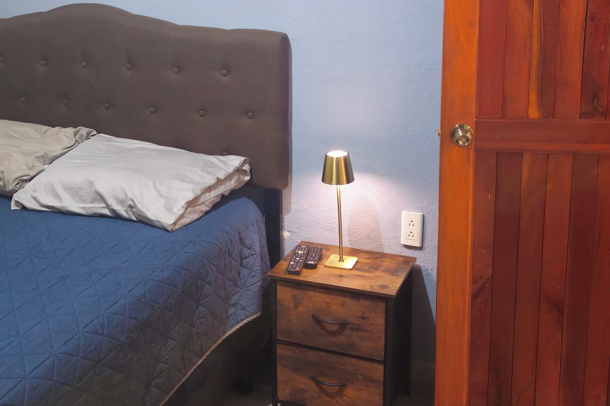 A bedroom with a bed, bedside table, lamp, and a wooden door.