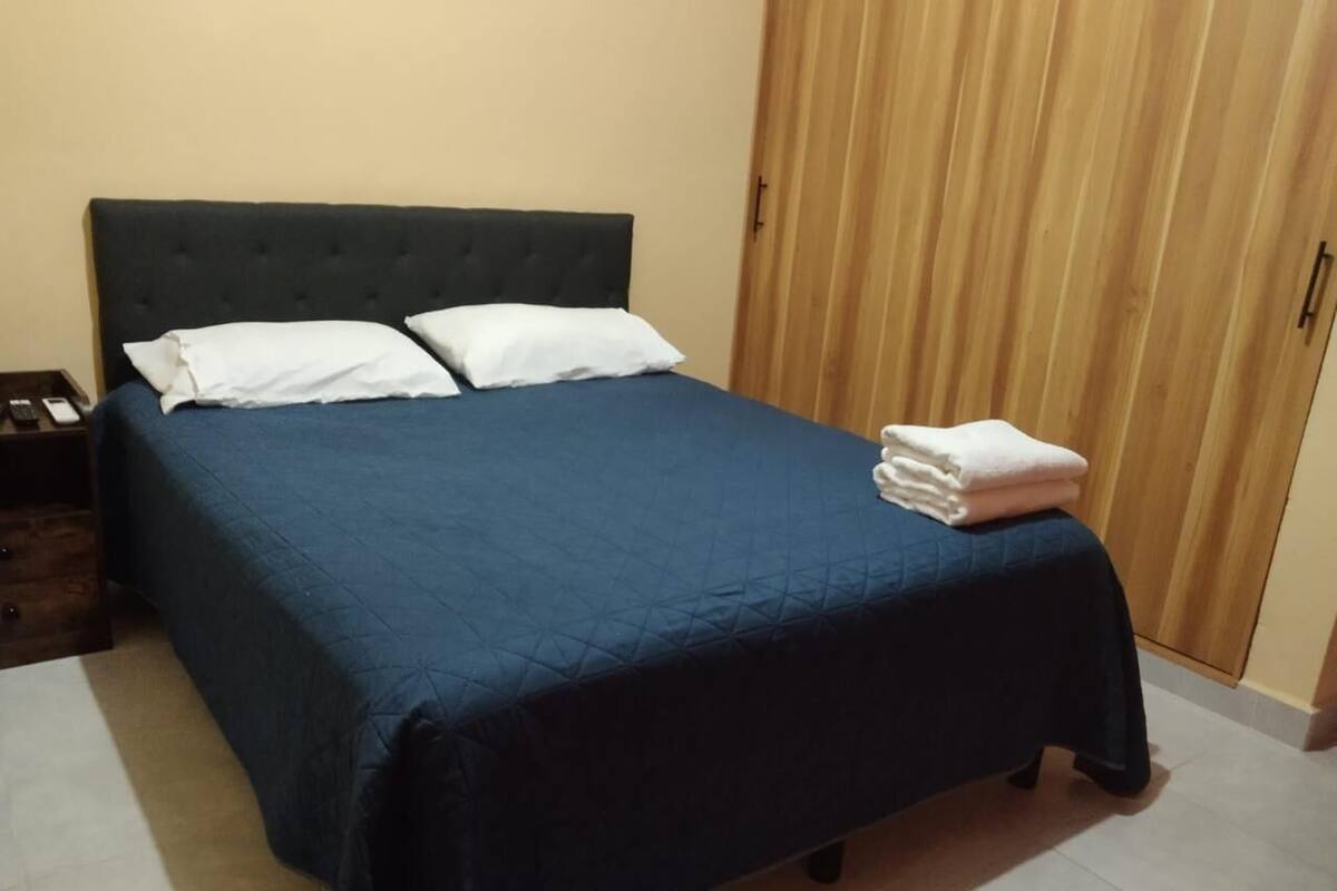 A bed with a dark blue bedspread and two white pillows, a wooden wardrobe, and a small wooden nightstand with a remote control.
