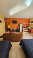 Un espacio habitable compacto con kitchenette, un sofá y un televisor de pantalla plana montado en la pared.