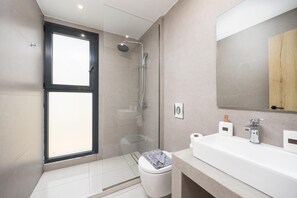 Shower, hair dryer, towels