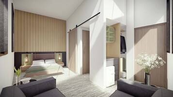 Desk, laptop workspace, blackout curtains, free WiFi