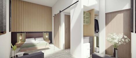 Escritorio, espacio para trabajar con laptop y cortinas blackout