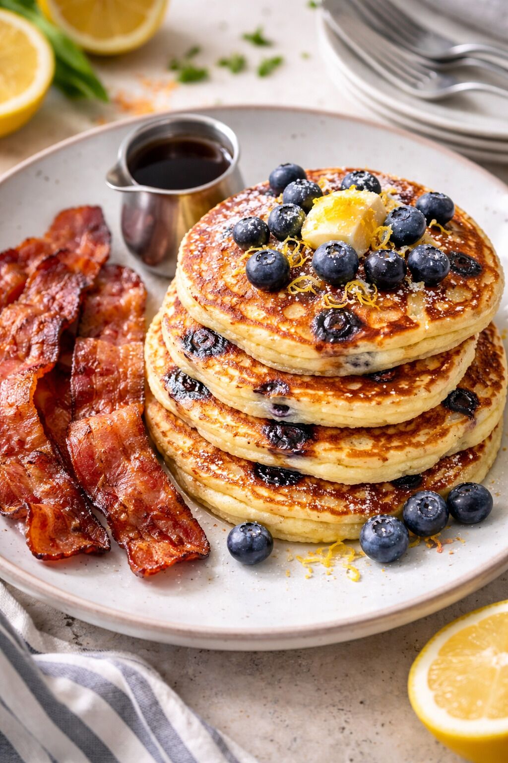 Una pila de tortitas con arándanos y ralladura de limón, acompañada de tocino y jarabe.