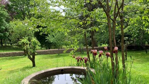 A garden with a circular stone pond surrounded by grass and various plants. - Beautiful country house on the edge of a village, ideal for families! (Compreignac)
