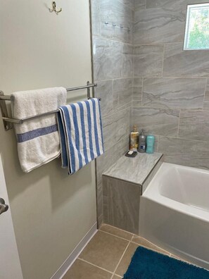 Hair dryer, bidet, towels, soap