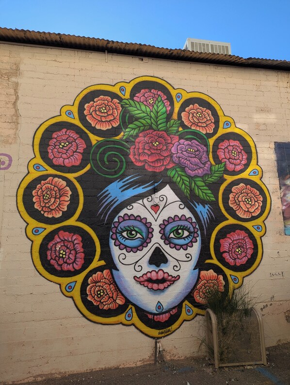 A mural of a Day of the Dead face on a wall. - Terrific 1-bedroom cottage with AC in charming Ajo (Ajo)