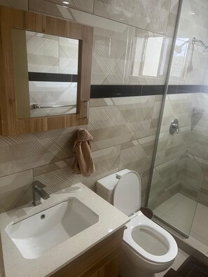 Ducha, secador de pelo, toallas y jabón