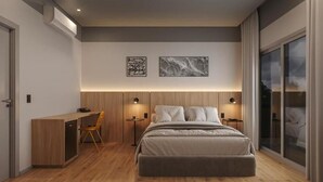 Une chambre à coucher moderne avec un lit, des tables de chevet, un bureau et une chaise.