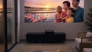 Un salón con una televisión de pantalla plana, un sofá, una mesa de centro con libros y fruta, y una planta.