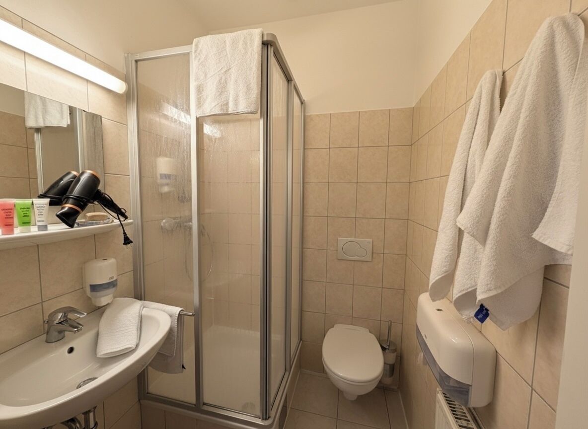 Douche, sèche-cheveux, serviettes fournies, savon