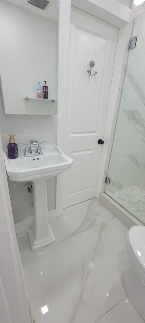 Sèche-cheveux, serviettes fournies, savon, papier toilette