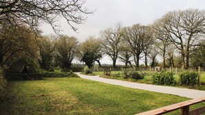 Ein Park mit befestigtem Weg, Holzzaun und Bäumen.