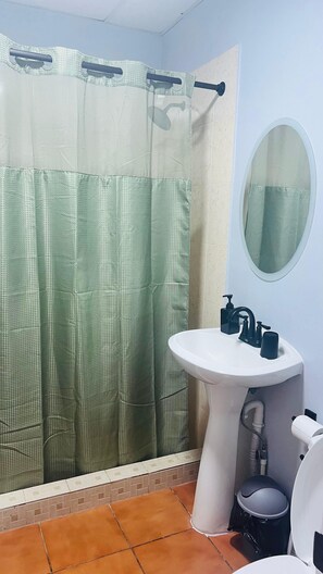 Ducha, secador de pelo, toallas, jabón