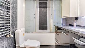 Hair dryer, towels, soap, toilet paper