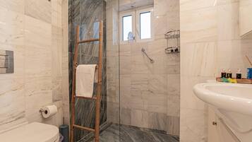 Hair dryer, towels, soap, toilet paper