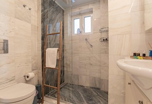 Hair dryer, towels, soap, toilet paper