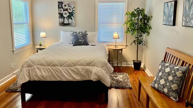 Een slaapkamer met een groot bed, twee nachtkastjes met lampen, een potplant en kunst aan de muren.