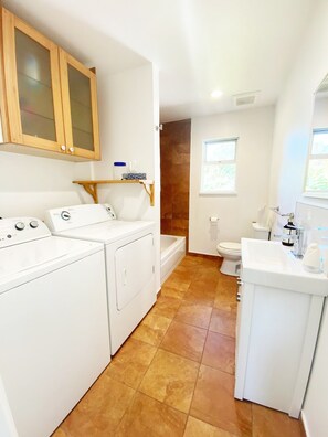 Hair dryer, bidet, towels, soap