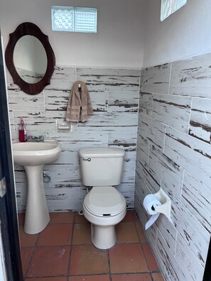 Douche, baignoire à jets, sèche-cheveux, serviettes fournies