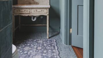 Shower, hair dryer, towels, shampoo