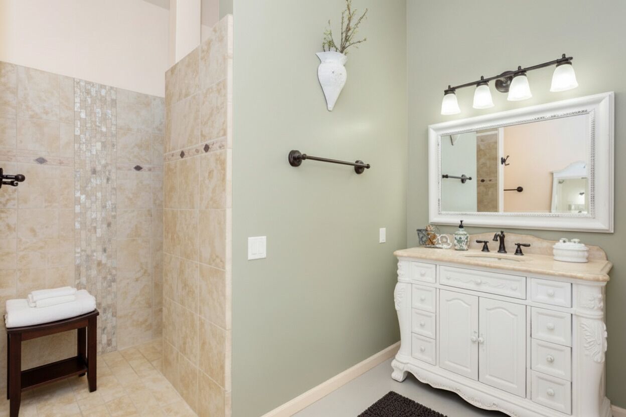 A bathroom with a shower, a vanity with a mirror, and a towel rack.
