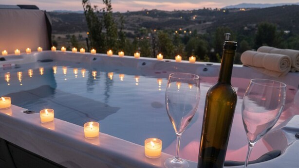 A hot tub with candles and wine glasses, overlooking a scenic landscape. - Temecula Wine Country Hilltop Estate – 360° Views & Heavenly Sunsets (Temecula)