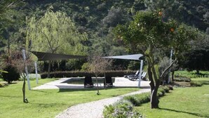 Een tuin met een verhard pad, buitenmeubilair en een beschaduwd gedeelte.