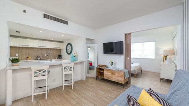A modern apartment with a kitchen, a living area, a TV, and a sofa.