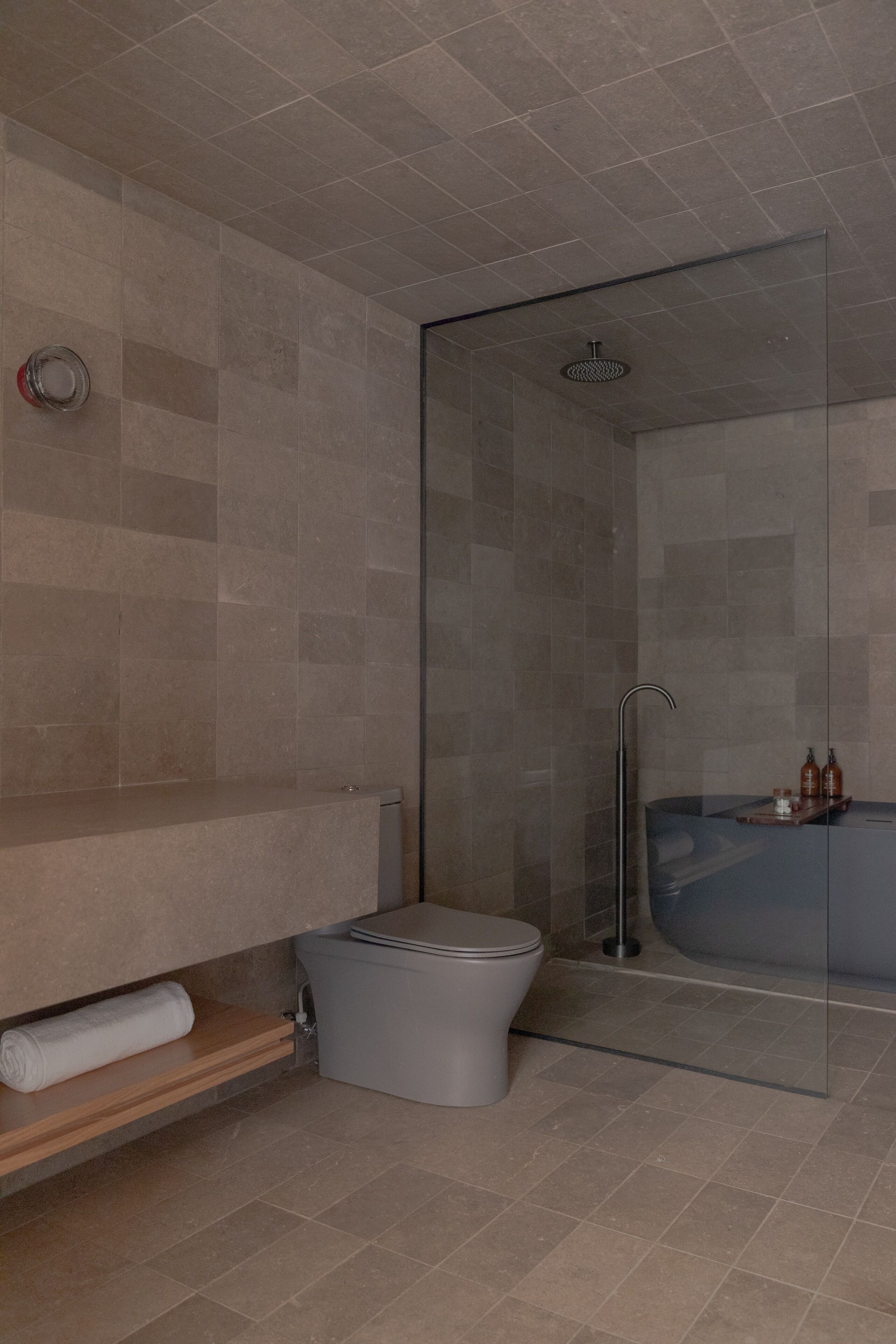 A modern bathroom with a glass-enclosed shower, a toilet, and a bathtub.