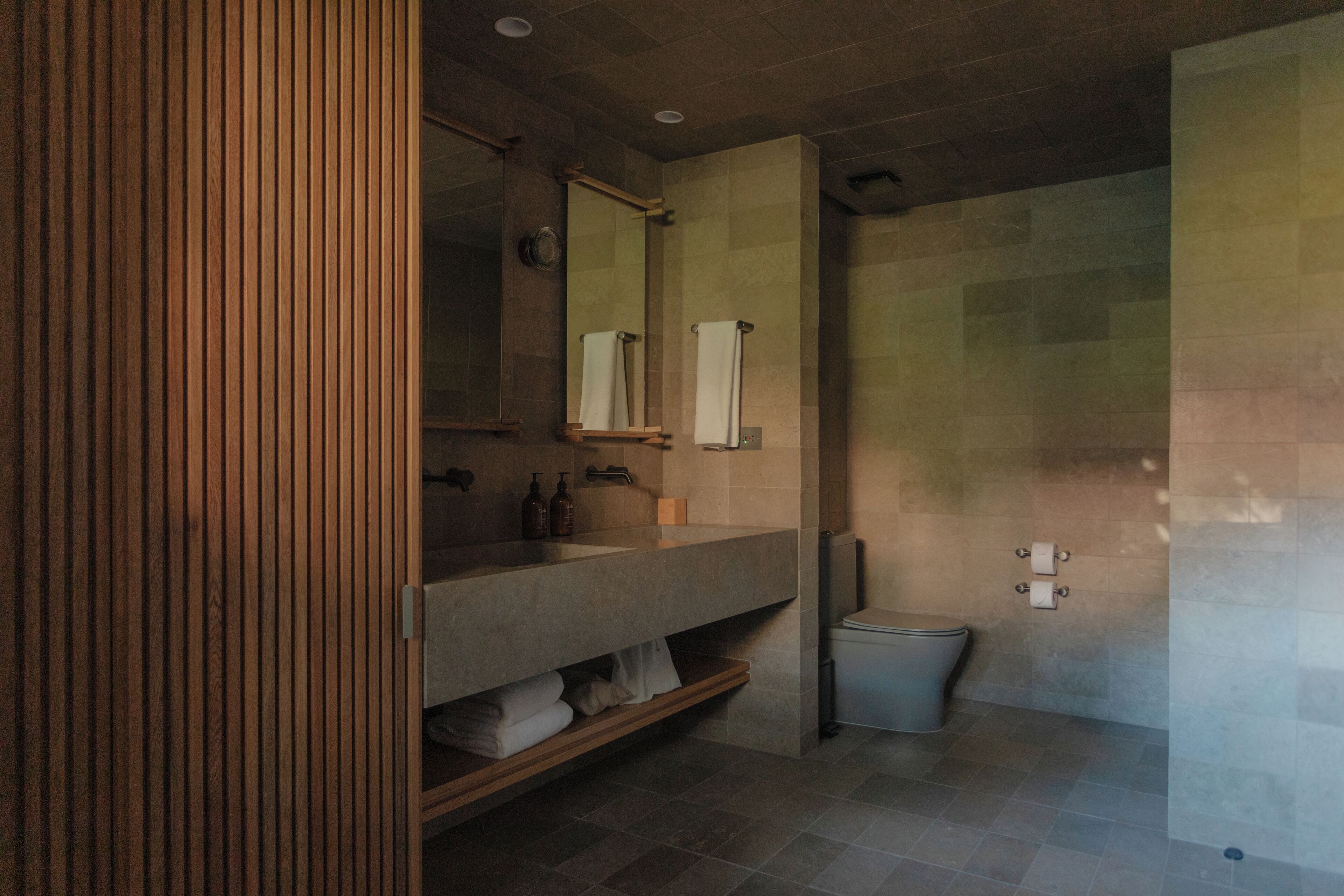A modern bathroom with a wooden vanity, a large mirror, a shower area, and a toilet.