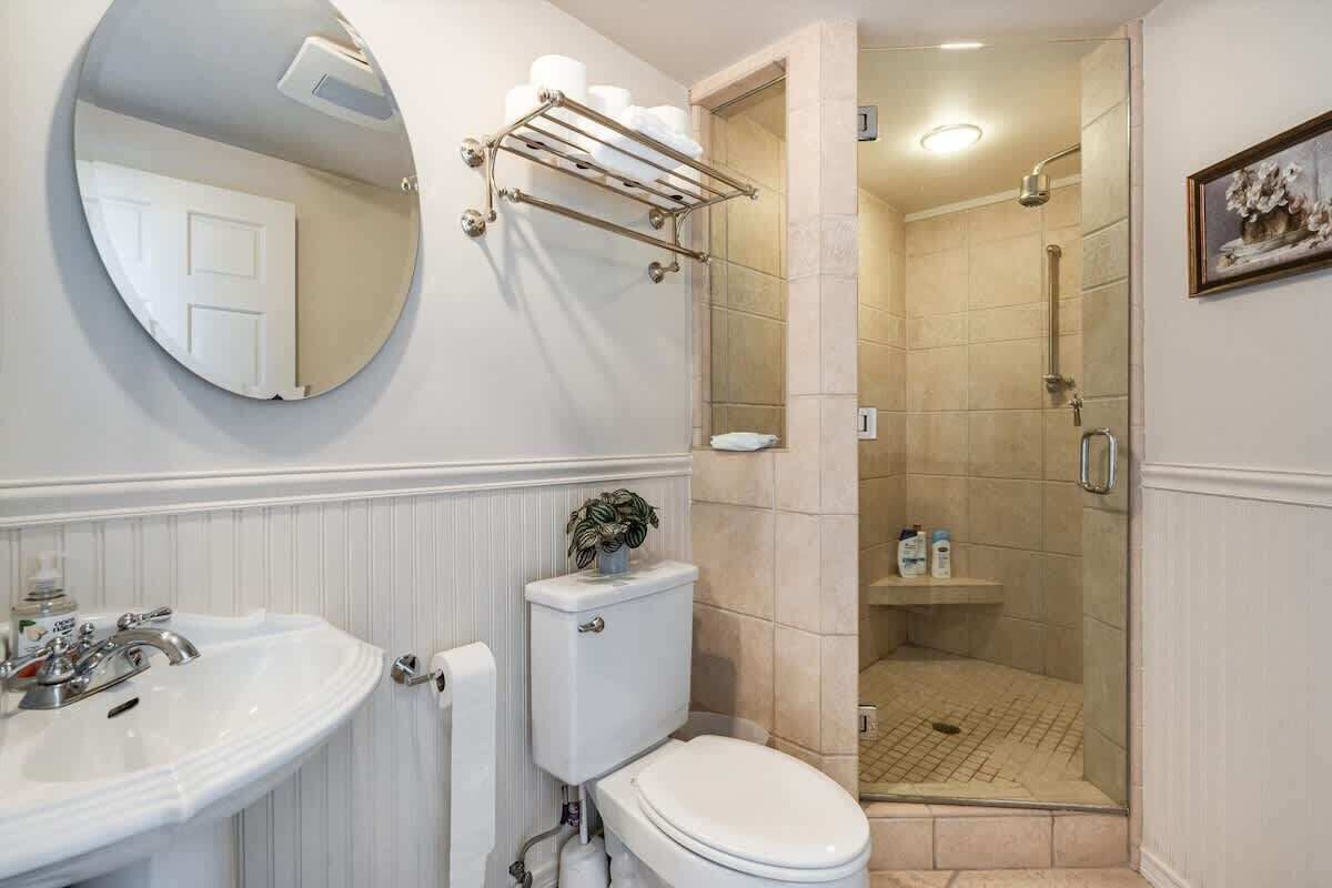 A bathroom with a sink, toilet, mirror, and shower.