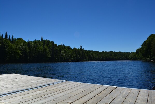 A wooden dock extending into a calm lake surrounded by dense forest.