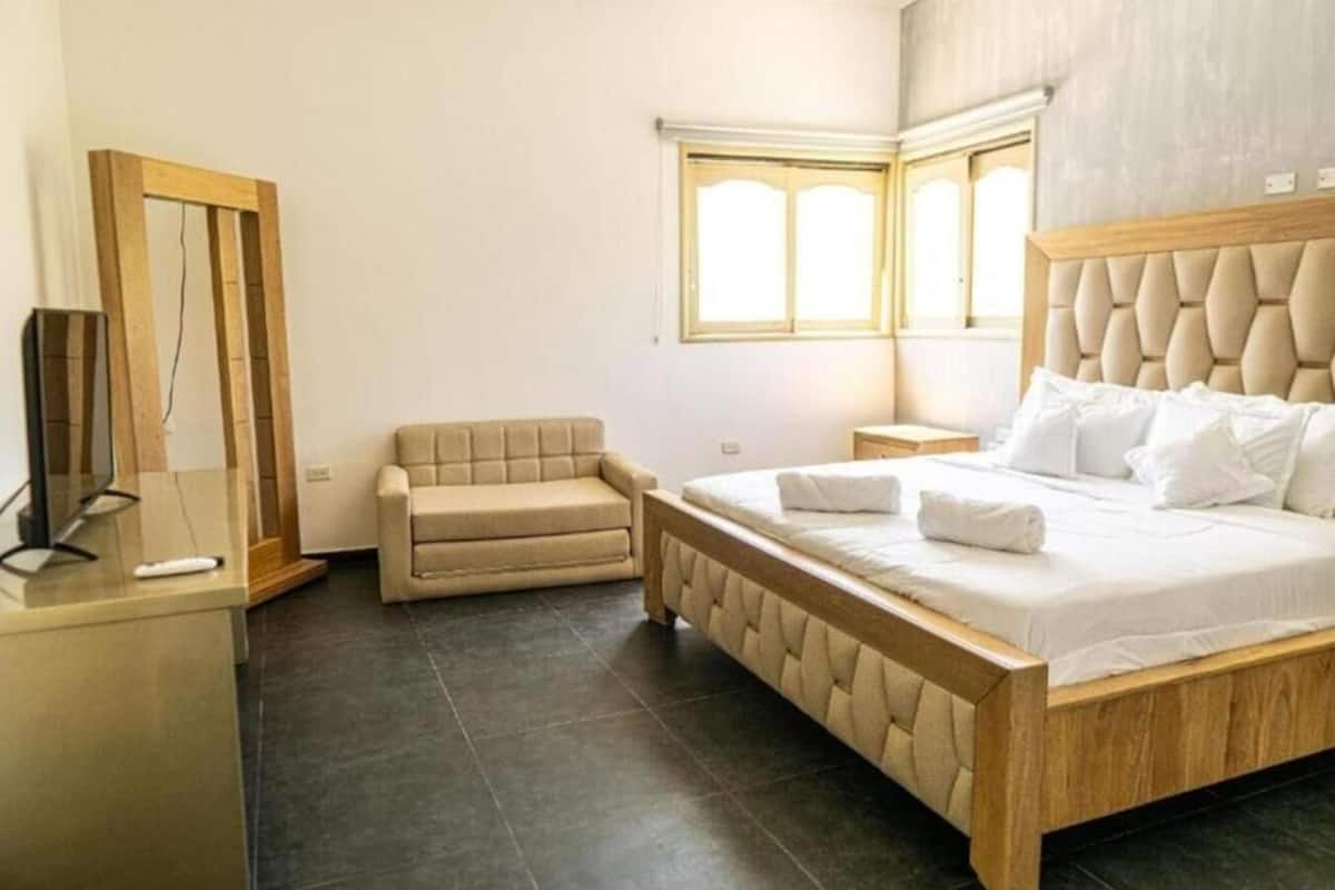 A bedroom with a large bed, a sofa, a TV, and a window.