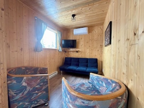 A wooden interior with a sofa, a television, and a window with curtains.
