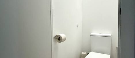 A small, narrow bathroom with a toilet, a trash can, and a roll of toilet paper on the wall.