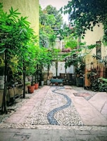 Un étroit sentier bordé de petits cailloux, de chaque côté duquel se trouvent des plantes en pot et une brouette.