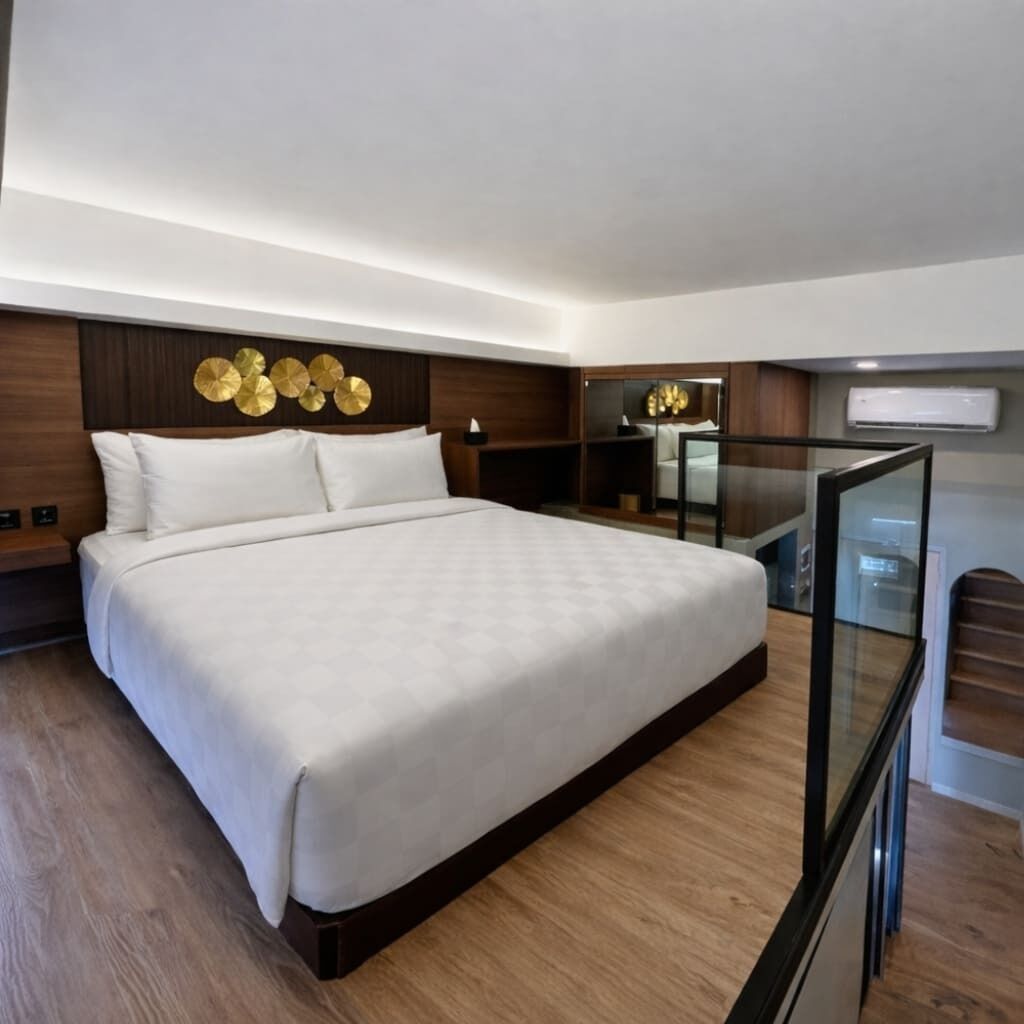 A modern bedroom with a large bed, wooden headboard, and a glass railing.