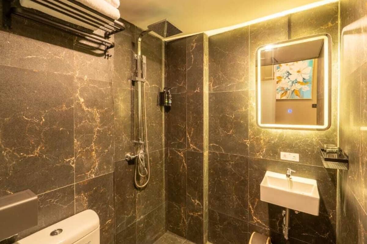 Serviettes fournies, savon, shampooing, papier de toilette