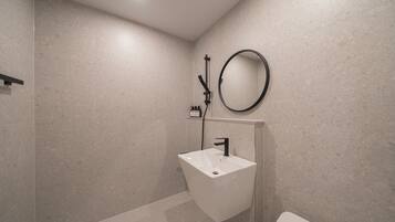 Hair dryer, towels, soap, shampoo