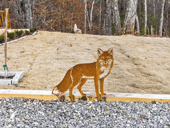 A wooden bench with a metal frame, a small tree, and a gravel path. - Copper Fox Ridge | Minutes to Carter's Lake | Game Room + Hot Tub + Screened Deck (Ellijay)