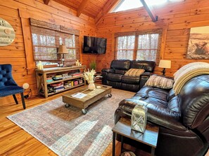 Smart TV, fireplace, books